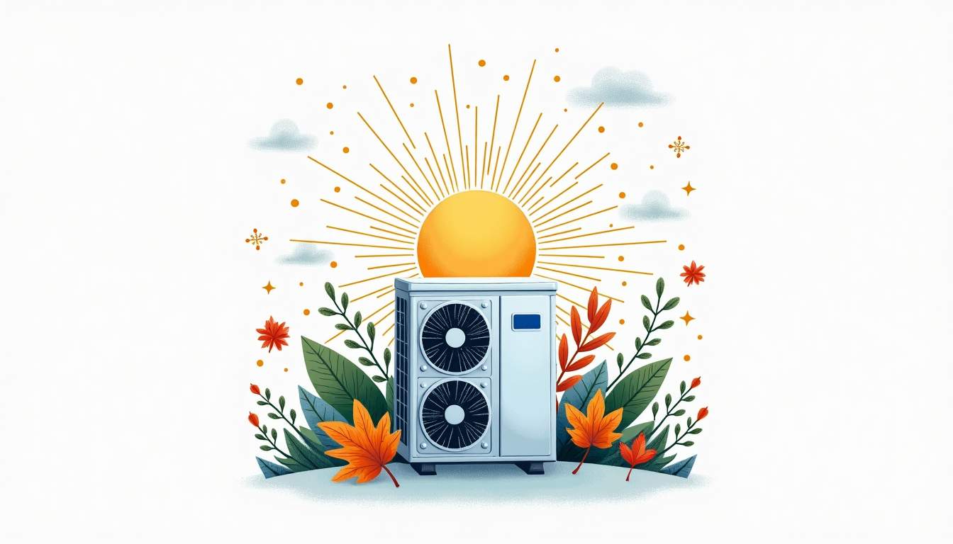 A modern air source heat pump surrounded by seasonal elements like leaves