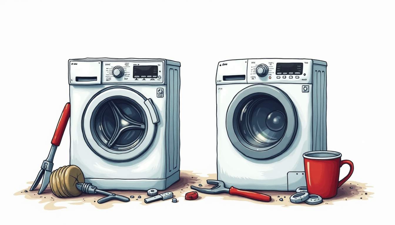 A split image showing a worn-out washing machine on one side with tools and spare parts around it
