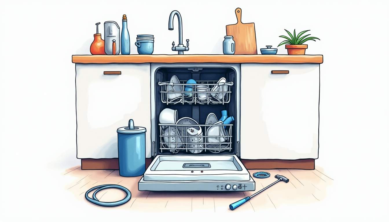 An open dishwasher with various tools and spare parts scattered around it